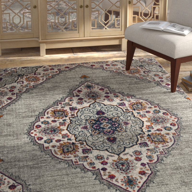 Christa Oriental Gray/Cream/Fuchsia/Sapphire/Gold Area Rug, Rectangle 4' x 6'