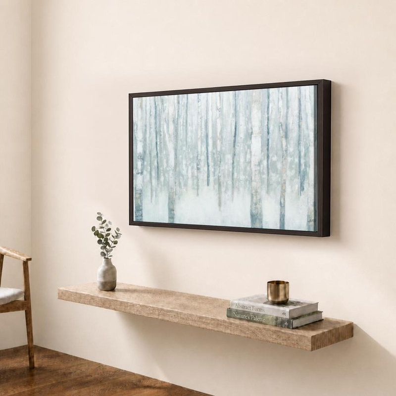 «Birches in Winter Blue Gray» par Julia Purinton - impression sur toile, H 36 po x l 48 po, Cadre plat flottant, Brun