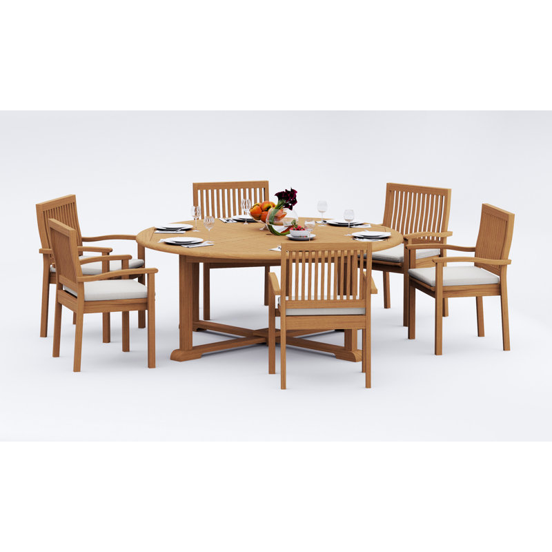 6 Seats 7 Pcs Grade-A Teak Wood Dining Set: 72" Round Table And 6 Leveb Stacking Arm Chairs #11LV1706, 6