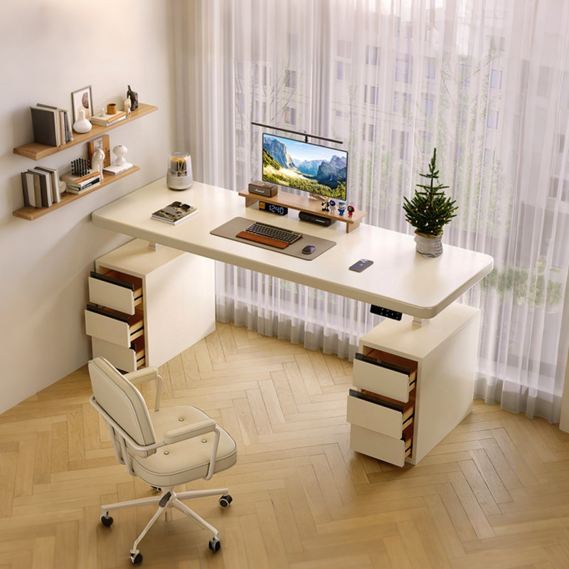 Bureau de coin électrique à hauteur réglable en bois massif crème blanc, H 29,53 po x l 62,99 po x P 23,62 po
