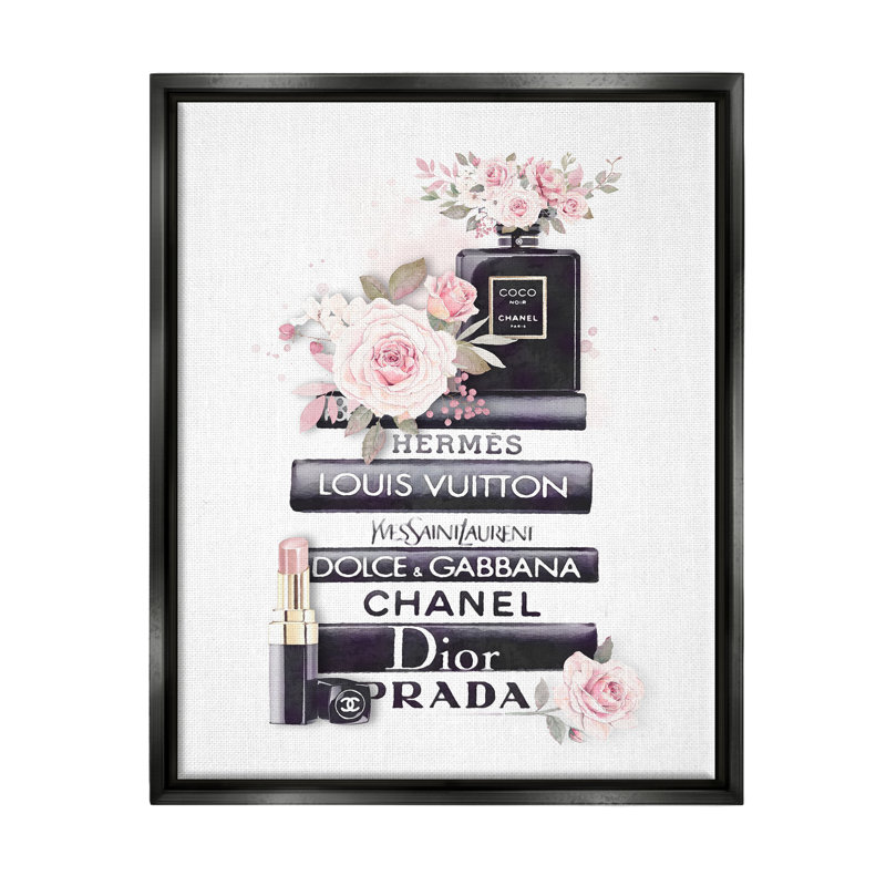 " Pink Roses And Toiletries Fashion Glam Bookstack " by Ros Ruseva, Jet Black Floater Frame, 31" H x 25" W x 1.7" D
