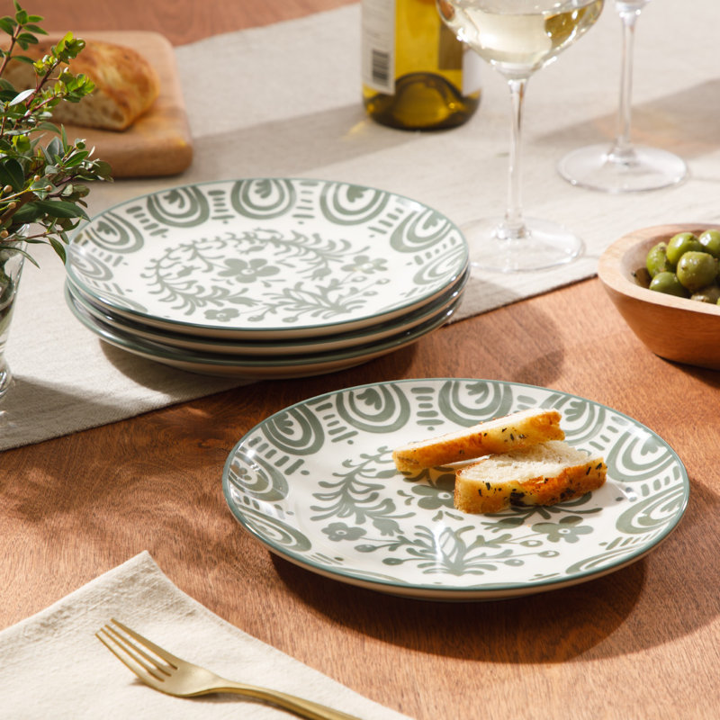 Bloomhouse - 2-Time Oprah’s Favorite Things - Ensemble de 4 assiettes à dessert et à salade Valencia Flor, assiettes en grès de 8,75 po, motif floral méditerranéen, vert fougère