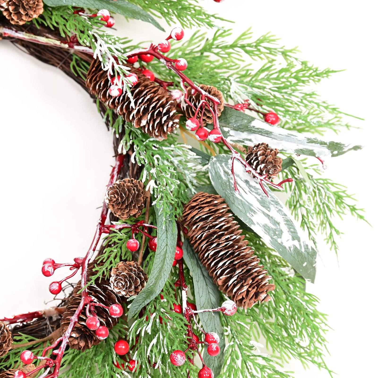 22" Artificial Farmhouse Blossoms Cluster Greenery Leaves Christmas Frozen Berry Pinecone Winter Wreath For Front Door