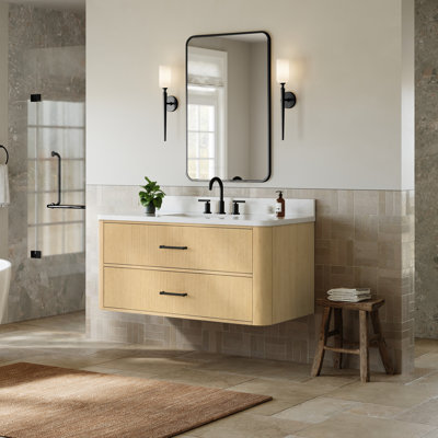 Meuble-lavabo mural simple 48 po en chêne scandinave Francesca, comptoir en quartz Giotto arrondi, lavabo carré encastré (3 trous), garniture noir mat