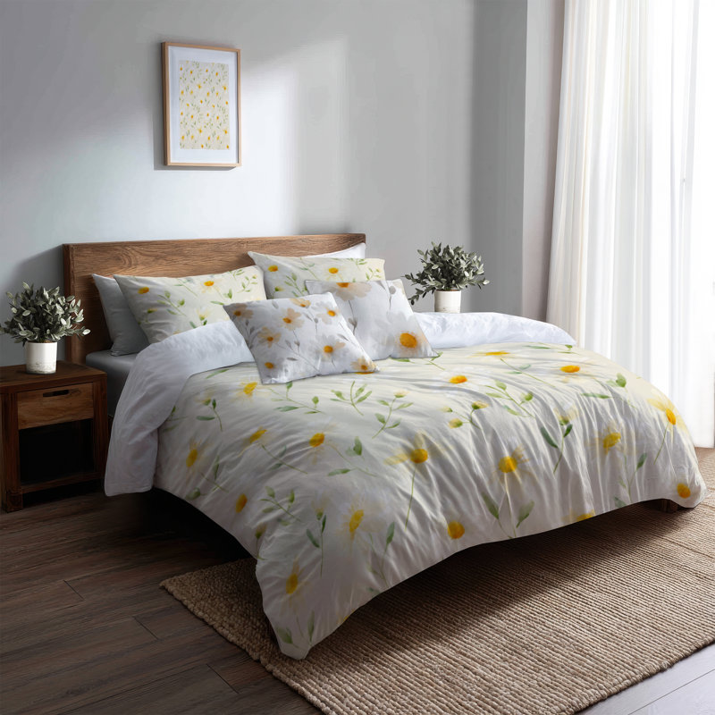 Ensemble de housse de couette Floral 5 pièces - Housse de couette et coussin décoratif jaune