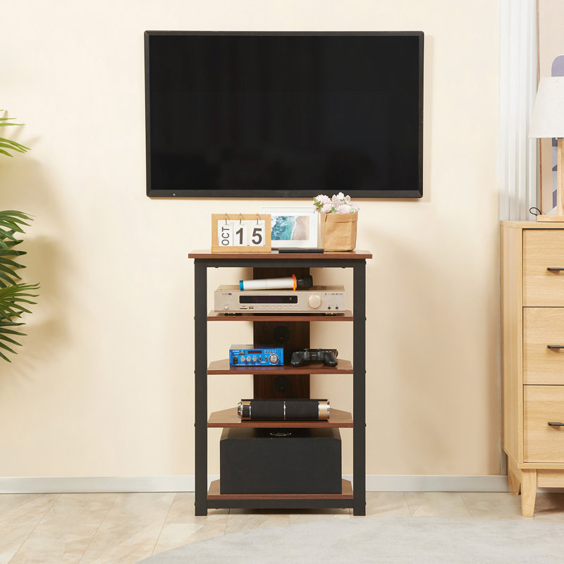Meuble télé, meuble audio-vidéo, tour audio d'angle avec tablettes de rangement et structure en acier, rangement dans le salon