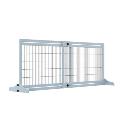 Retractable Pine Wood And Steel Pet Gate, 41" - 70.9" Width, 27.25" Height, Blue Gray Finish, For Indoor Home Areas Gate With Steel, To Tall, Gray, Ideal Spaces