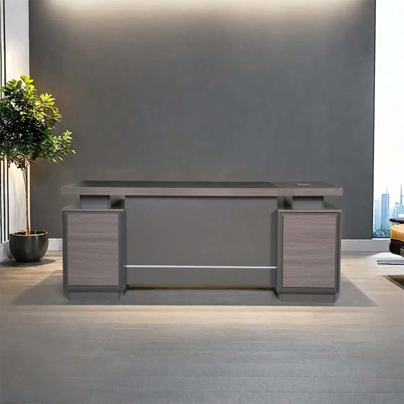Deluxe gray two-cabinet modern desk, 29.53" H x 70.87" W x 31.5" D