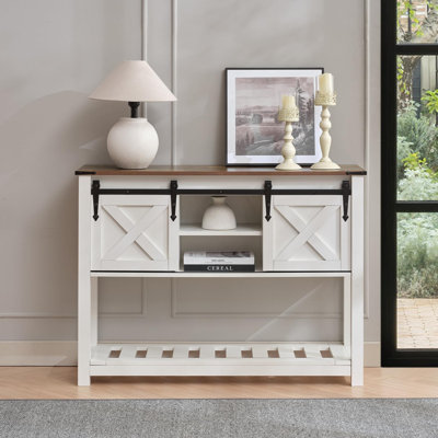 White Entryway Table with Storage Shelf, Sliding Barn Doors Console Table for Living Room Hallway