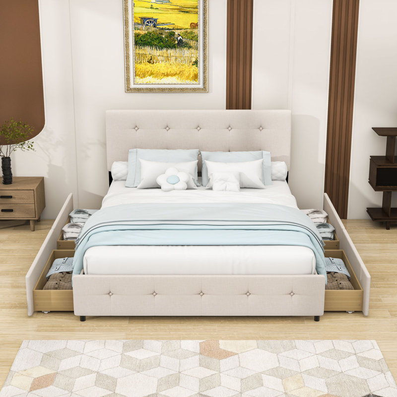 Grand lit plateforme tapissier avec tête de lit capitonnée et tiroirs de rangement intégrés, Beige
