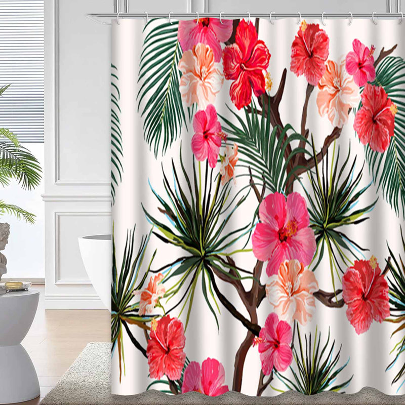 Rideau de douche imperméable à motif floral hibiscus tropical avec 12 crochets Summer Palm, L 72 po x l 84 po