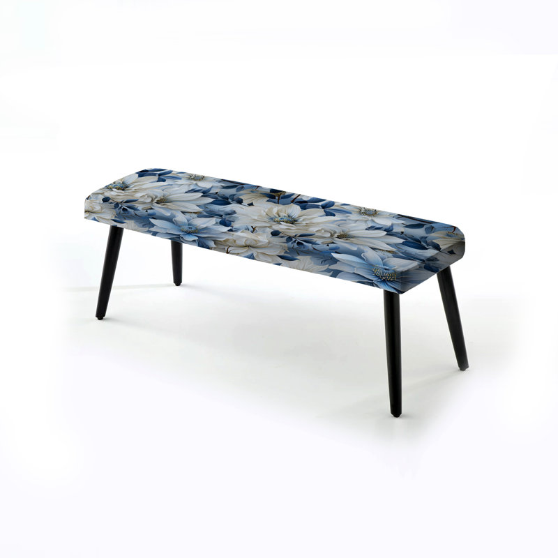 Motif botanique arctique bleu et blanc I - banc rembourré floral noir