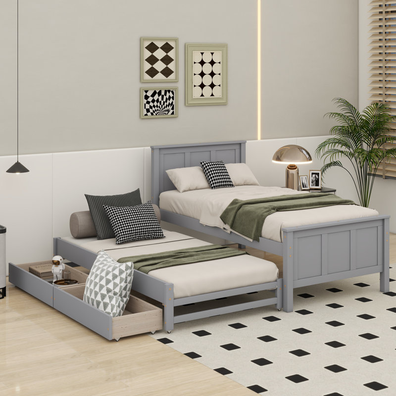 Herline Twin Size Platform Bed with Trundle and Drawers, Gray