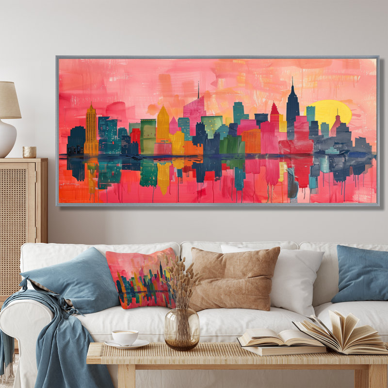 Rose rose gratte-ciel de New York - décoration murale New York, Encadrement argenté, 12" H x 20" W
