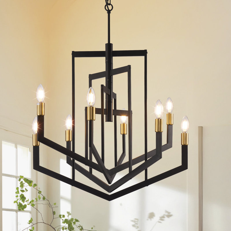 8 - Light Dimmable Modern Farmhouse Geometric Chandelier, Matte Black/Gold