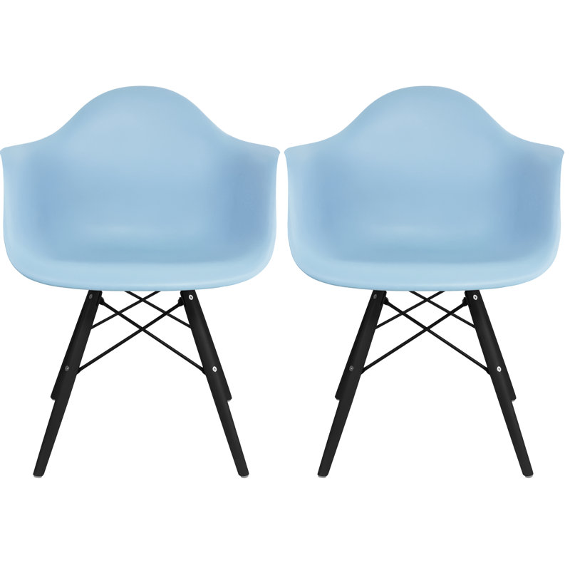 Set of 2 Mid Century Modern Dining Arm Chair with Wooden Dowel Legs, Blue/Black