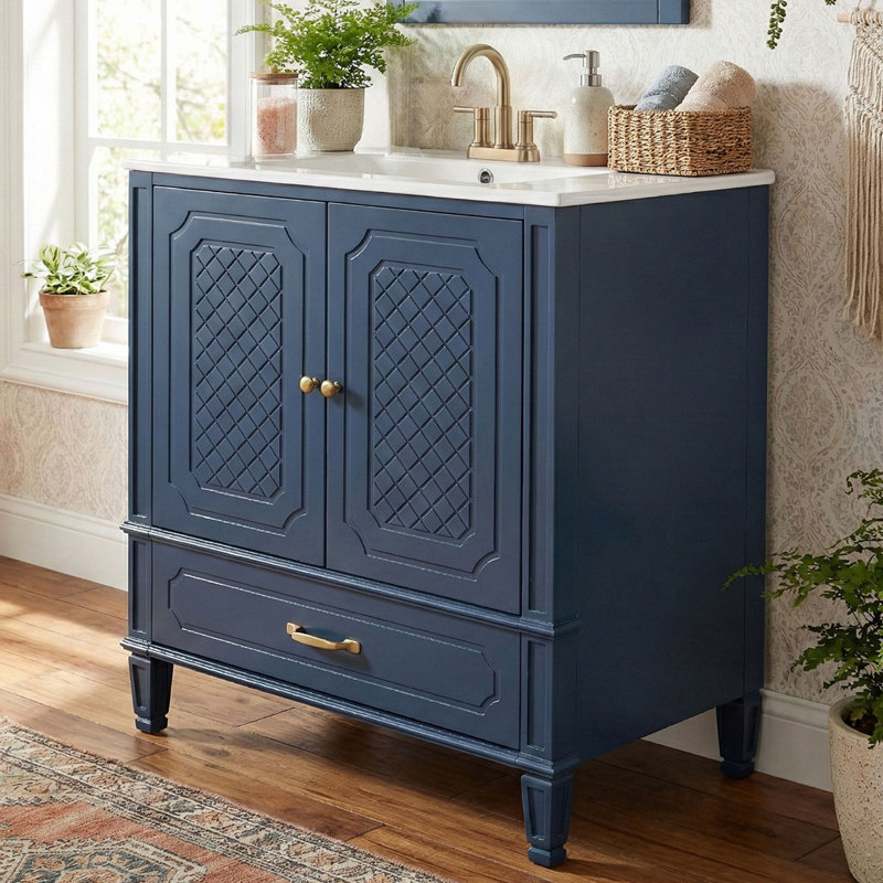 Meuble-lavabo avec lavabo en céramique, armoire en bois massif et MDF, porte à fermeture amortie, tablette réglable et séparateur de tiroir amovible.