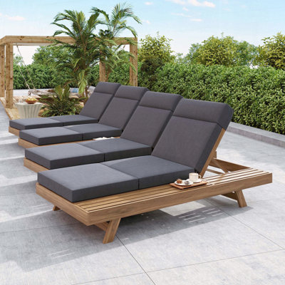 Lounge Chaise Set with Headrest, Acacia Wood Outdoor Recliner with Tri-Fold Cushion