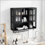 Armoire murale 3 portes en bois avec rangement ouvert et caché, porte en verre, barre à serviettes, noir-634429742