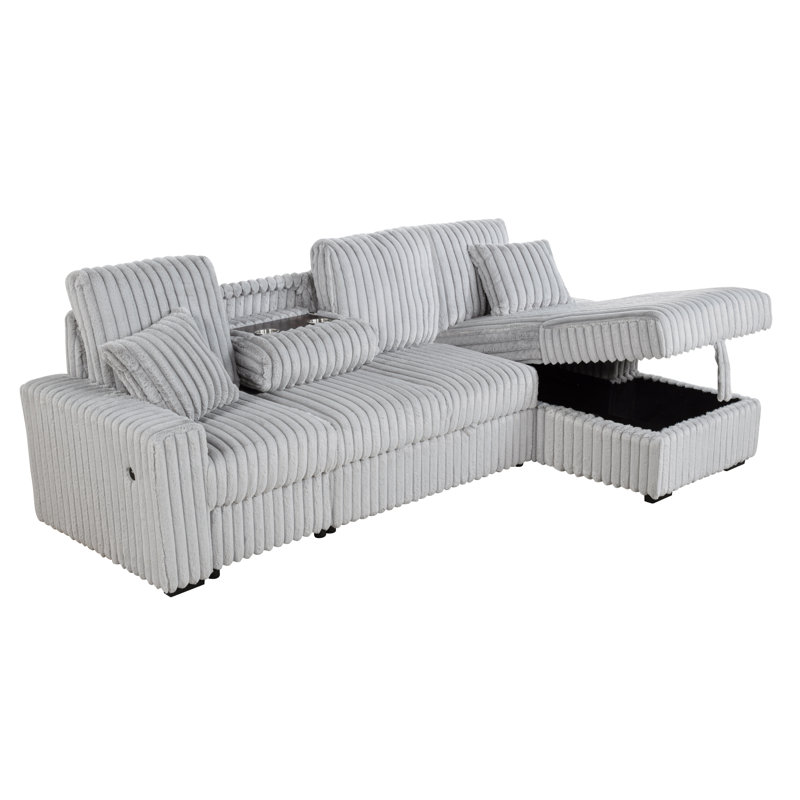 Canapé modulaire en velours côtelé 3 pièces avec causeuse escamotable et chaise de rangement, Light Grey