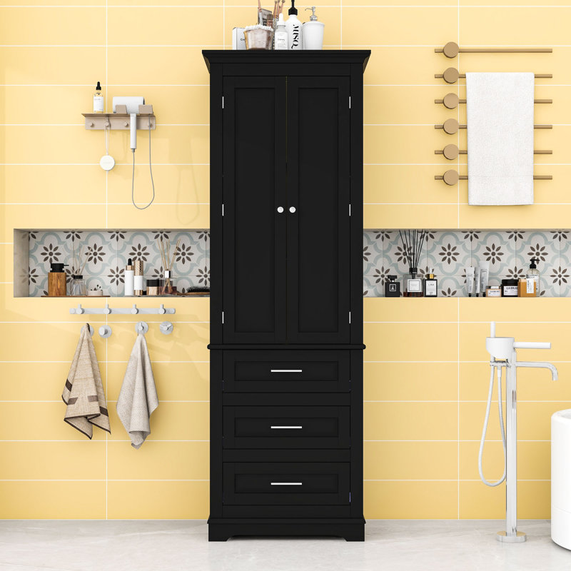 Armoire de salle de bain haute en bois avec tablette réglable, tiroirs de rangement et conception anti-basculement, Noir