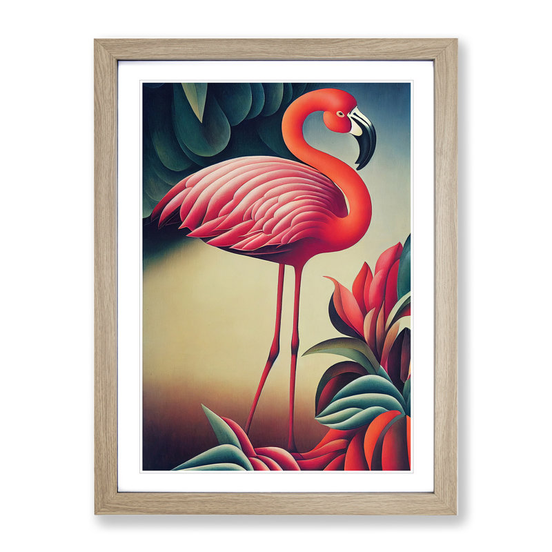 Curious Flamingo - Single Picture Frame Print, 46cm H x 34cm W x 2cm D, Oak