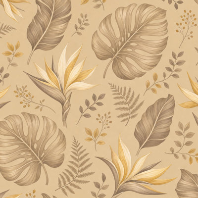 Papier peint auto-adhésif mural blanc doré à motif de feuilles exotiques botaniques exotiques
