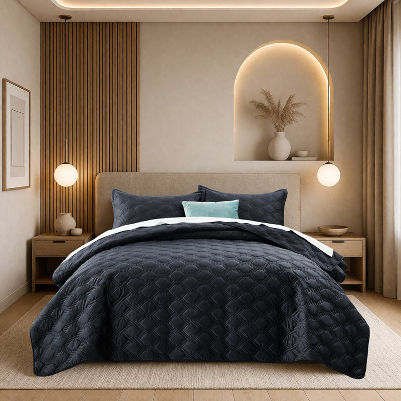 Ensemble de couvre-lit Lydia, Noir, Grand couvre-lit 90 po x 96 po + 2 taies décorati