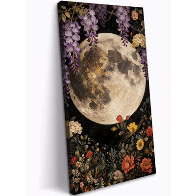Lune rétro et art mural sur toile florale, peinture de nature botanique verticale, œuvre d'art de lune florale, impressions sur toile rustiques pour salon chambre à coucher, décoration murale moderne prête à être suspendue 12 po x 24 po