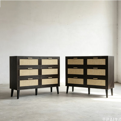 2-Pack Solid Wood 6-Drawer Storage Cabinet with Handwoven Rattan Fronts