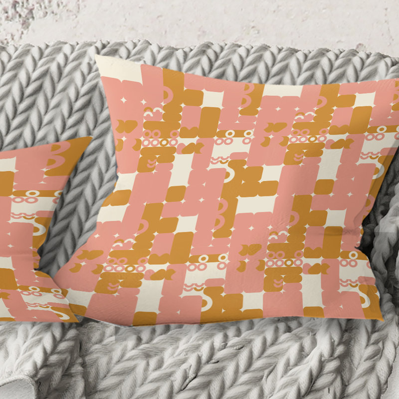 Coussin décoratif rose à motif abstrait Mid-Century, 16 po x 1 po