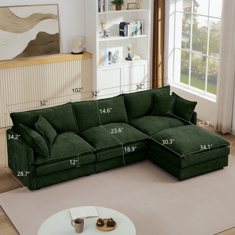 Canapé modulaire modulaire, ensemble de canapé en forme de L de 102 pouces pour le salon, canapé à 3 places confortable avec repose-pieds mobile, combinaison de bricolage, chenille, vert