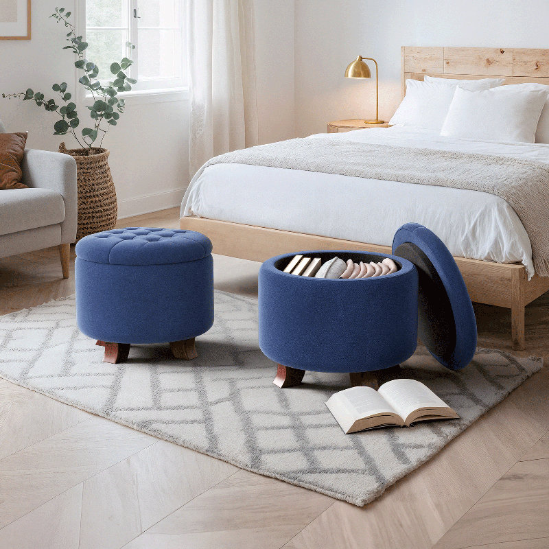 Upholstered Storage Ottoman Bench, Tufted Ottoman Footrest Round Footstool Foot Rest for Living Room, Navy
