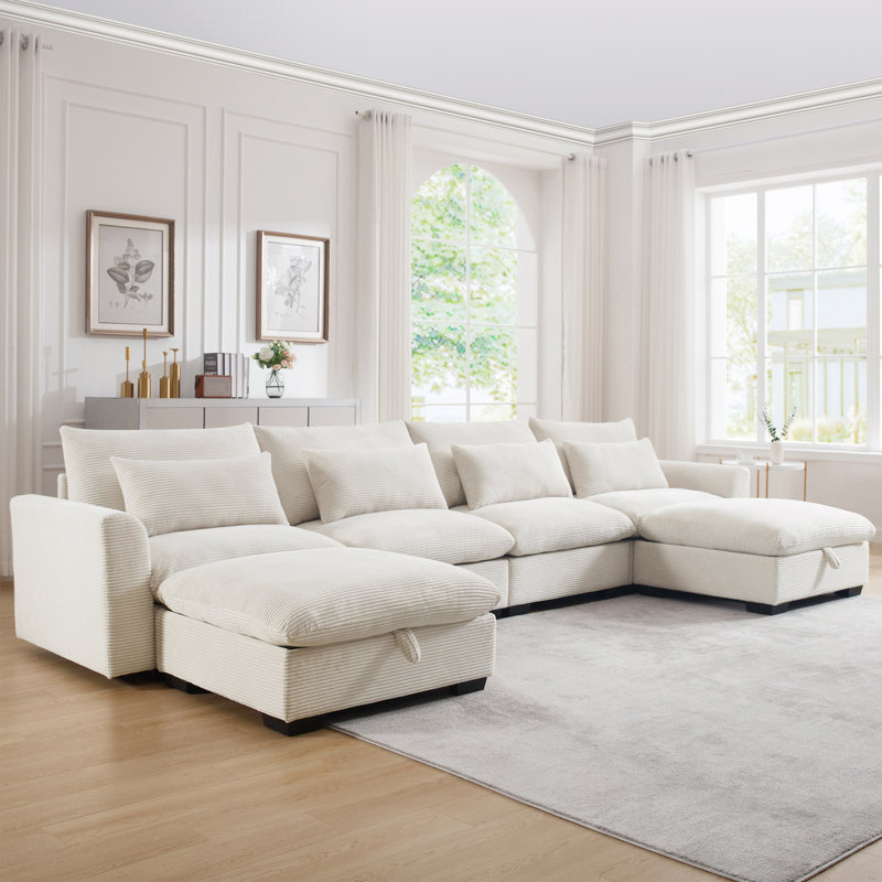 Modular Large U-Shape Sectional Sofa,Double Extra Ottomans, White Chenille