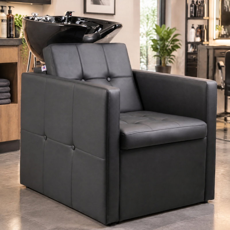 Full Black Adjustable Neck Rest Shampoo Chair, Wash Chair With Ceramic Shampoo Bowl,