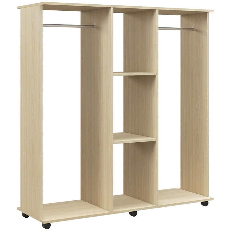 Natural Wood Grain Wheeled Double Hanging Open Garment Unit with Central Storage Shelving for Bedroom and Cloakroom Organisation