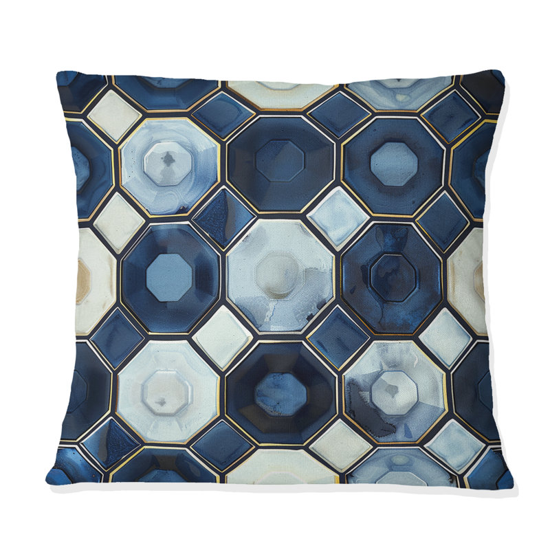 Coussin bleu et beige Midcentury Hexagon Print III - Midcentury, H 16 po x l 16 po