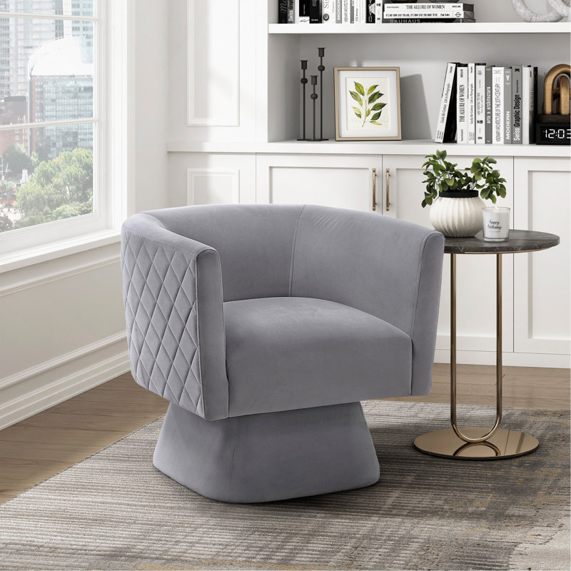 1 pièce Fauteuil pivotant en velours gris Tissu d'ameublement en bois massif Motif de losanges à dossier cousu Fauteuil confortable Mobilier de salon