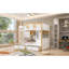 Lit superposé double au-dessus de double avec garde-corps en forme de maison et tablettes et tiroirs de rangement, blanc et naturel-1853319174