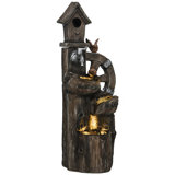 2-in-1 Outdoor Water Fountain with Birdhouse, Outdoor Waterfall Fountain with LED Lights Pump, Tree Trunk Outdoor Water Feature, Resin Garden Fountain, Mixed Color