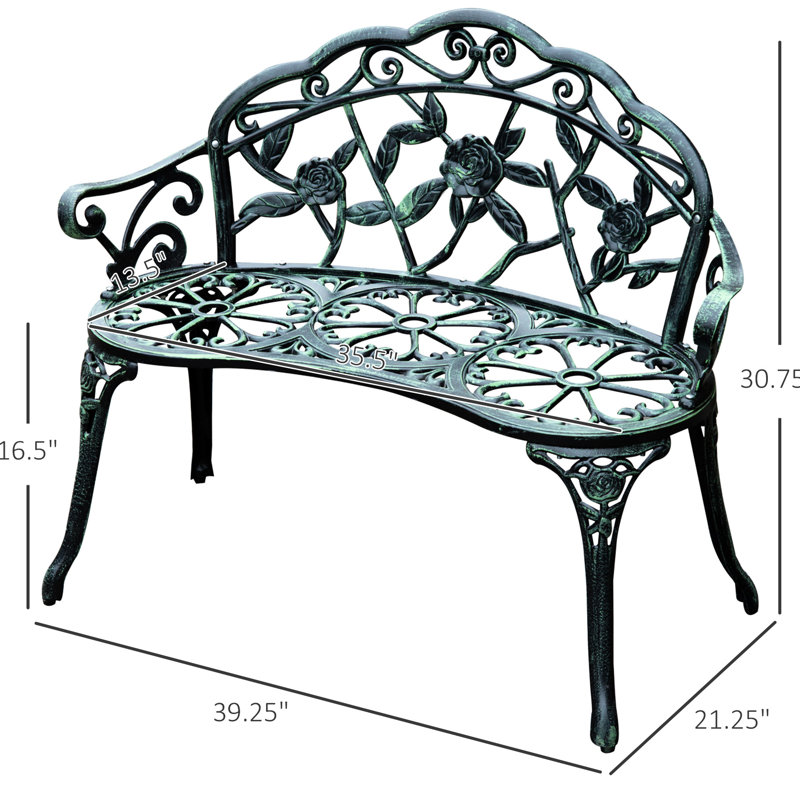 Banc d'extérieur en métal au look unique, haut incliné, accents floraux, pieds inclinés, hauteur de 30,75 po