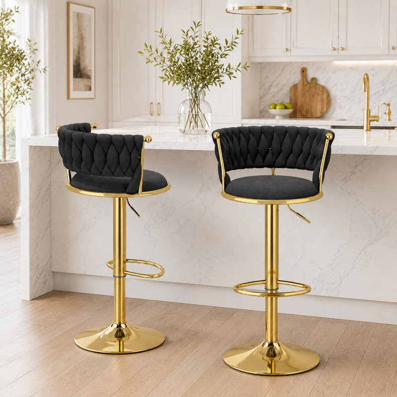 Velvet Adjustable Swivel Bar Stool, Black
