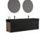 Meuble-lavabo moderne de 183 cm avec lavabo noir mat, tiroirs à fermeture amortie, double vasque, quatre grilles et jointures en noyer, panneaux de qualité E1, finition à base d'eau E0, poignée centrale dissimulée, bonde en forme de U.