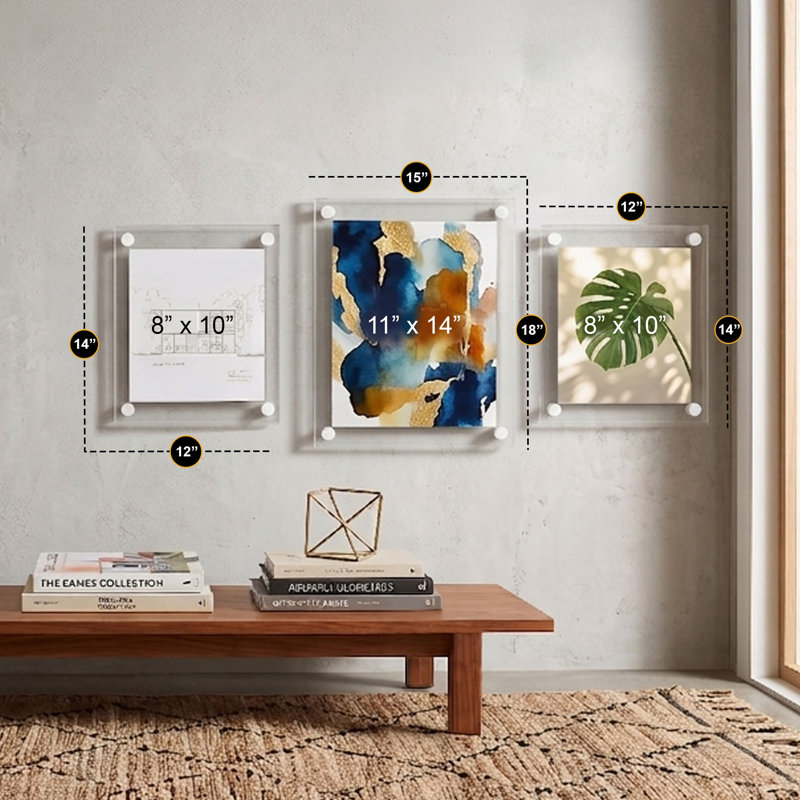 Ensemble de cadre mural flottant en acrylique avec quincaillerie 1 ": (2) 8" x 10 "et (1) formats graphiques 11" x 14 "