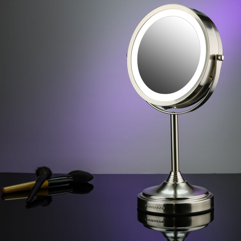 OVENTE 7" Rechargeable Lighted Tabletop Makeup Mirror with 1X/7X Magnification, Double Sided Magnifying Vanity Mirror, 360° Swivel Design, LED White Light and USB Plug, Nickel Brushed MCTR70BR1X7X