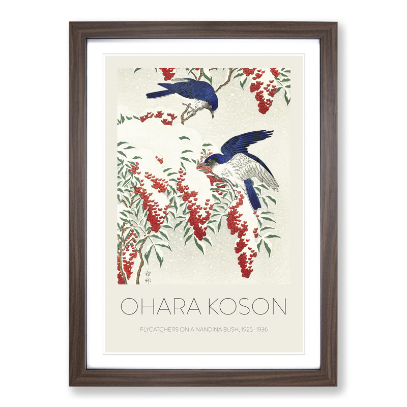 Birds on a Nandina Bush by Ohara Koson - Picture Frame Art Prints, 36cm H x 27cm W x 2cm D, Walnut