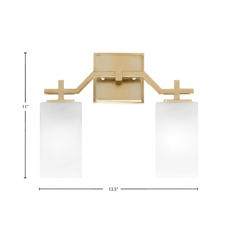 Barre d'éclairage de salle de bain 2 lumières Corbin avec verre carré blanc de 3,5 po, Laiton