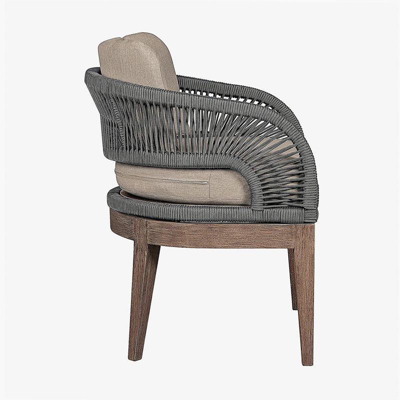 Chaise de terrasse Orbit en bois d'eucalyptus vieilli avec corde grise et coussins en oléfine taupe