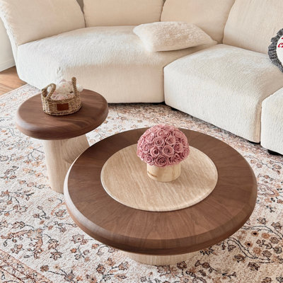 35.43 Inch Round Coffee Table with Walnut Edge & Marble Center  Modern Dual-Material Design