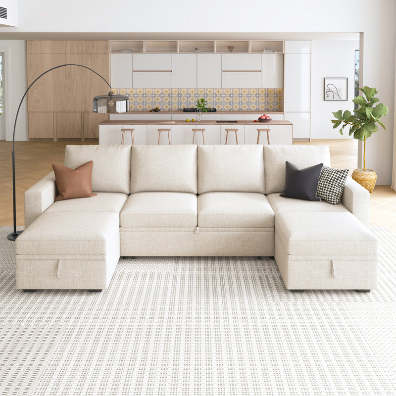 Canapé modulaire avec rangement en U Niyona, Polyester beige